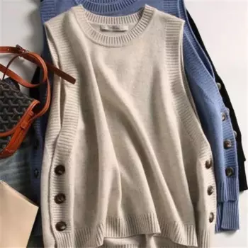 Женский трикотажный жилет на пуговицах Y2K, Однотонный свитер без рукавов с круглым вырезом в стиле колледжа, осень 2024