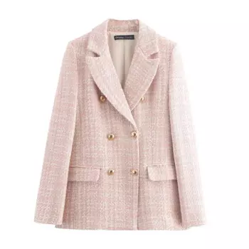 Женский твидовый блейзер с карманами, повседневный элегантный деловой пиджак с открытым спереди, блейзер из твида, осень
