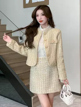 Женский твидовый комплект из двух предметов, блестящий пиджак с блестками и мини-юбка, шерстяной офисный костюм в уличном стиле, Осень-зима