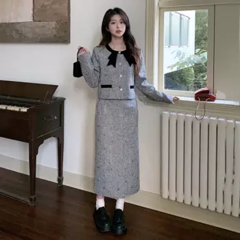 Женский твидовый комплект из двух предметов, кардиган, жакет и юбка, элегантные серые офисные костюмы больших размеров, Осень-зима
