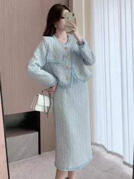 Женский твидовый костюм из двух предметов, элегантный однобортный пиджак с круглым вырезом и бахромой и юбка миди с высокой талией и разрезом на бедрах, офисный костюм на осень