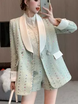 Женский твидовый костюм с блестками, длинный пиджак и шорты с высокой талией, костюм из двух предметов, Осень-зима