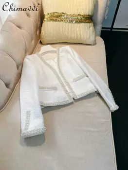 Женский твидовый пиджак, повседневная короткая куртка во французском стиле с круглым вырезом и длинным рукавом, украшенная бусинами, весна 2024