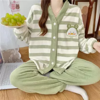 Женский утолщенный теплый коралловый бархатный пижамный комплект в полоску, женская зимняя одежда для сна, фланелевая пижама с мультяшной вышивкой, женская домашняя одежда