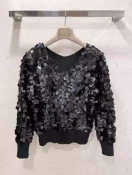 Женский утягивающий шерстяной вязаный пуловер с v-образным вырезом и блестками