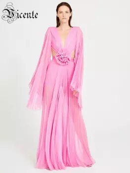 Женский вечерний комбинезон VC, розовый комбинезон с глубоким V-образным вырезом, цветочным принтом и вырезом, расклешенное платье с длинным рукавом, 2024
