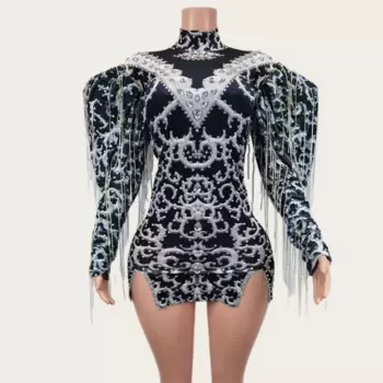 Женский вечерний костюм для танцев, элегантное черное бархатное платье с бахромой и кристаллами