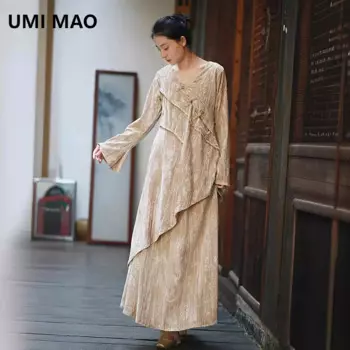 Женский вельветовый костюм UMI MAO, новый весенне-летний костюм в китайском стиле с принтом топа и юбки до локтя, 2024