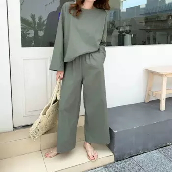 Женский весенне-осенний хлопковый льняной комплект из 2 предметов, свободный комплект, пуловер с длинными рукавами и длинные брюки с эластичной высокой талией