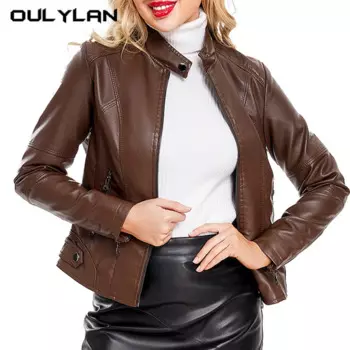 Женский винтажный блейзер из ПУ кожи, на молнии