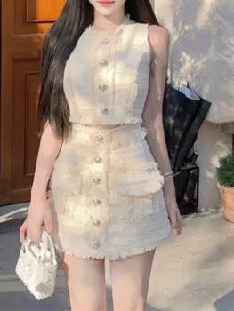 Женский винтажный комплект из 2 предметов с юбкой Y2k, повседневный короткий топ без рукавов и мини-юбка, модные костюмы в Корейском стиле, женская одежда