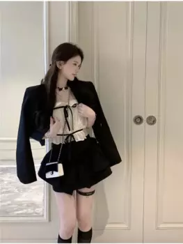 Женский винтажный комплект из 3 предметов Insozkdg, юбка, женские черные короткие блейзеры + Повседневная рубашка + тонкая мини-юбка, женский модный костюм в Корейском стиле