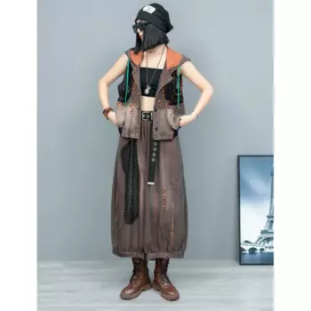 Женский винтажный комплект из двух предметов, джинсовый жилет с капюшоном и брюки-фонарики с широкими штанинами, свободный брючный костюм ранней осени 2024, ZF025