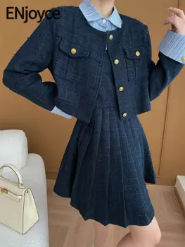 Женский винтажный костюм из двух предметов, элегантный твидовый пиджак и мини-платье в Корейском стиле, осень 2024, осенний костюм женский