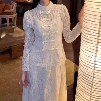 Женский винтажный костюм с юбкой, абрикосовая кружевная блузка и юбка с завышенной талией, ажурные комплекты из двух предметов с цветочным принтом и крючком, летний женский костюм с длинным рукавом