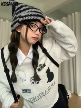 Женский винтажный пуловер оверсайз с длинным рукавом и круглым вырезом