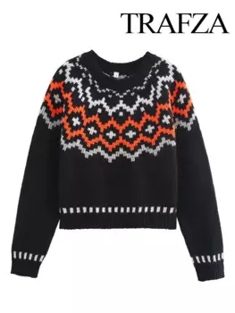 Женский винтажный пуловер с круглым вырезом и длинным рукавом