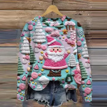 Женский винтажный свитер с длинными рукавами и принтом Санты