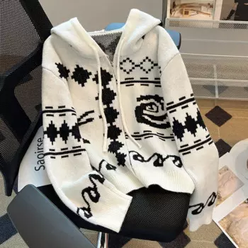 Женский винтажный свитер с капюшоном Y2K, черный кардиган на молнии с рукавами-фонариками, вязаные худи, Укороченный кардиган на осень и зиму