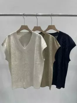 Женский винтажный свитер с вышивкой и блестками, свободный трикотажный пуловер с коротким рукавом и круглым вырезом