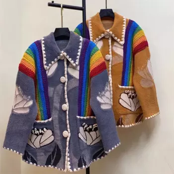 Женский винтажный свитер с вышивкой, свободный трикотажный кардиган с длинным рукавом, на молнии