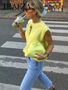 Женский винтажный свободный свитер TRAFZA, желтый элегантный пуловер с круглым вырезом, осень