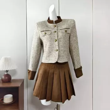 Женский винтажный твидовый костюм, маленький очаровательный костюм из двух предметов, куртка и короткая юбка в Корейском стиле, осенний костюм из двух предметов