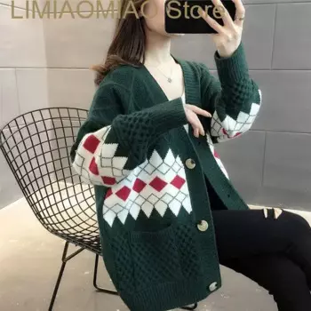 Женский винтажный вязаный кардиган, однобортный Свободный кардиган в клетку, с длинными рукавами и стразами, Осень-зима