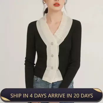 Женский винтажный вязаный свитер с V-образным вырезом, новый дизайн, модный уникальный кардиган с длинными рукавами на осень