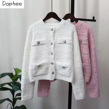 Женский вязаный кардиган Dophee, элегантный корейский однобортный свободный свитер с круглым вырезом и длинным рукавом, вязаное пальто, Осень-зима