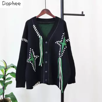 Женский вязаный кардиган Dophee, новый осенне-зимний свободный элегантный однобортный свитер-топ с V-образным вырезом и бахромой