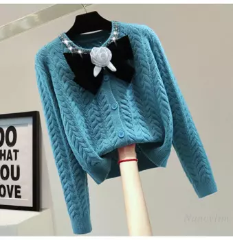 Женский вязаный кардиган контрастного цвета с бантом, осень-зима 2024, короткий свитер с высокой талией и цветочным принтом для тяжелой промышленности, свитер с круглым вырезом