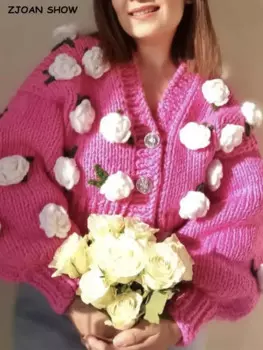 Женский вязаный кардиган ручной работы, объемный джемпер с цветочным 3D рисунком, V-образным вырезом и длинным рукавом, вязаный джемпер, 2022