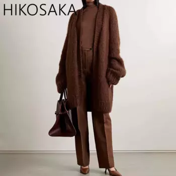 Женский вязаный кардиган с открытым стежком, повседневный теплый однотонный длинный джемпер с длинным рукавом, Осень-зима 2024