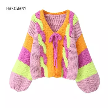 Женский вязаный кардиган с рукавами-фонариками, свободный Короткий Джемпер контрастных цветов в полоску, вязаный крючком кардиган ручной работы для ленивых женщин