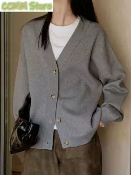 Женский вязаный кардиган с V-образным вырезом и длинным рукавом