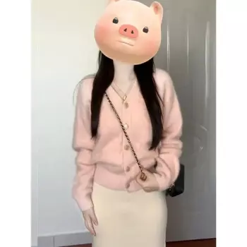 Женский вязаный кардиган с V-образным вырезом и мехом норки