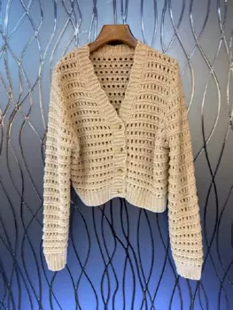 Женский вязаный кардиган с V-образным вырезом, длинным рукавом