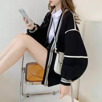 Женский вязаный кардиган в полоску, черный/белый/красный Повседневный свободный свитер с длинным рукавом, джемпер