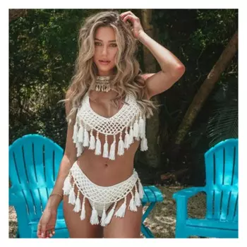 Женский вязаный комплект бикини ручной работы, сексуальный вязаный купальник, купальный костюм с лямкой на шее и кисточками