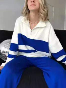 Женский вязаный комплект из 2 предметов, элегантный белый свитер в полоску на молнии, женские штаны и утепленные брюки, костюм из 2 предметов