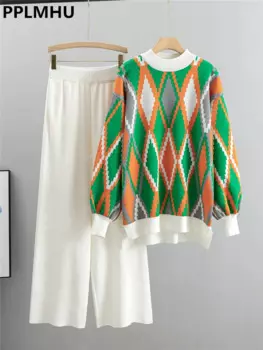 Женский вязаный комплект из 2 предметов, плотный теплый клетчатый пуловер с рисунком ромбиками и широкие брюки с высокой талией в винтажном стиле