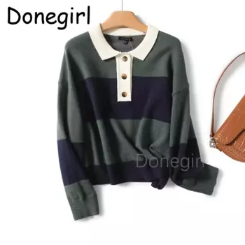 Женский вязаный пуловер Donegirl с отложным воротником, свитер, топ в полоску, зима 2024, Женский Повседневный джемпер с длинным рукавом и пуговицами