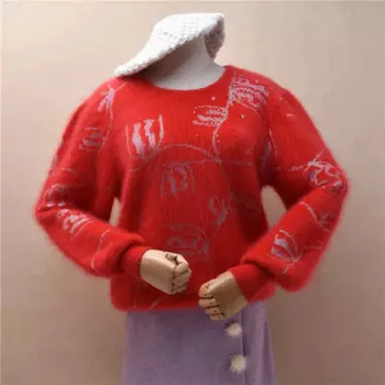 Женский вязаный пуловер из ангорской шерсти, красный Пушистый пуловер с круглым вырезом и длинными рукавами, джемпер для осени и зимы