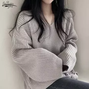 Женский вязаный пуловер оверсайз с V-образным вырезом и длинным рукавом