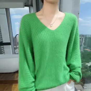 Женский вязаный пуловер с V-образным вырезом, с длинным рукавом