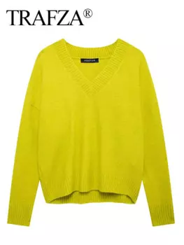 Женский вязаный пуловер с V-образным вырезом и длинным рукавом