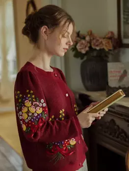 Женский вязаный шерстяной свитер LYNETTE'S в китайском стиле, весенне-осенний свитер в стиле девушки из леса с нежной цветочной вышивкой