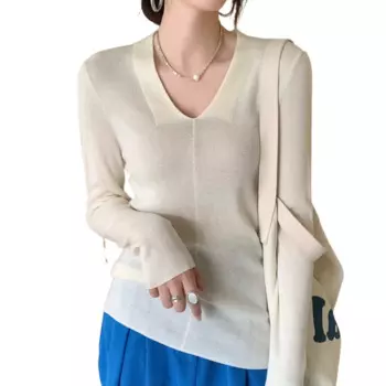 Женский вязаный шерстяной свитер с V-образным вырезом