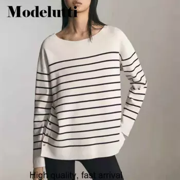 Женский вязаный свитер на пуговицах, простой Повседневный пуловер в полоску с круглым вырезом, весна-осень 2023